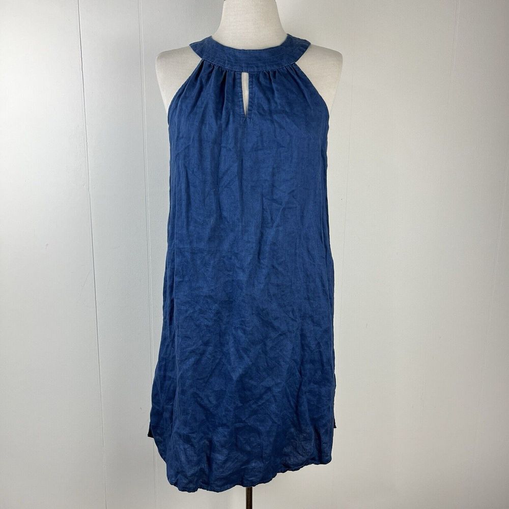 Antibes Blanc Blue Halter Dress 100% Linen A-Line Minimalist‎ Womens Small